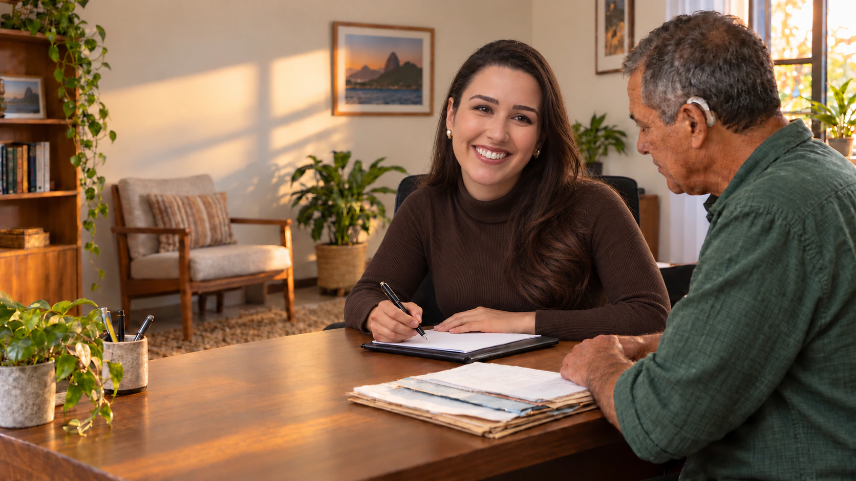 Cena ilustrativa de Dra. Beatriz Sarmento conversando com um senhor com aparelho auditivo enquanto confere documentos à mesa.