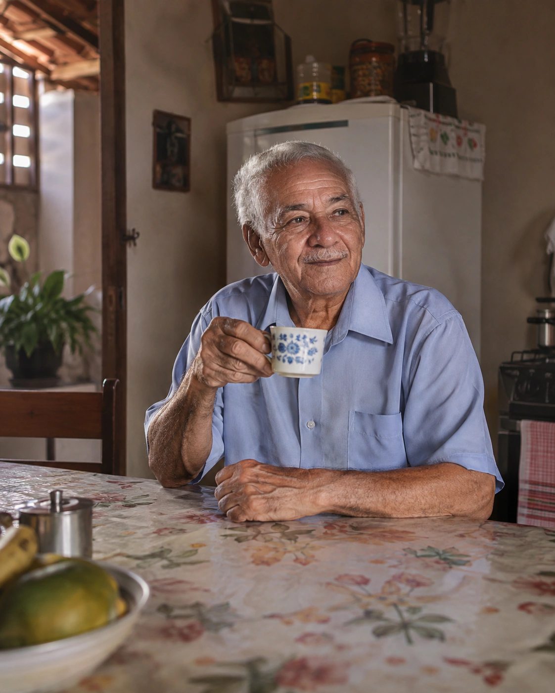 Homem idoso tomando café na cozinha de casa.