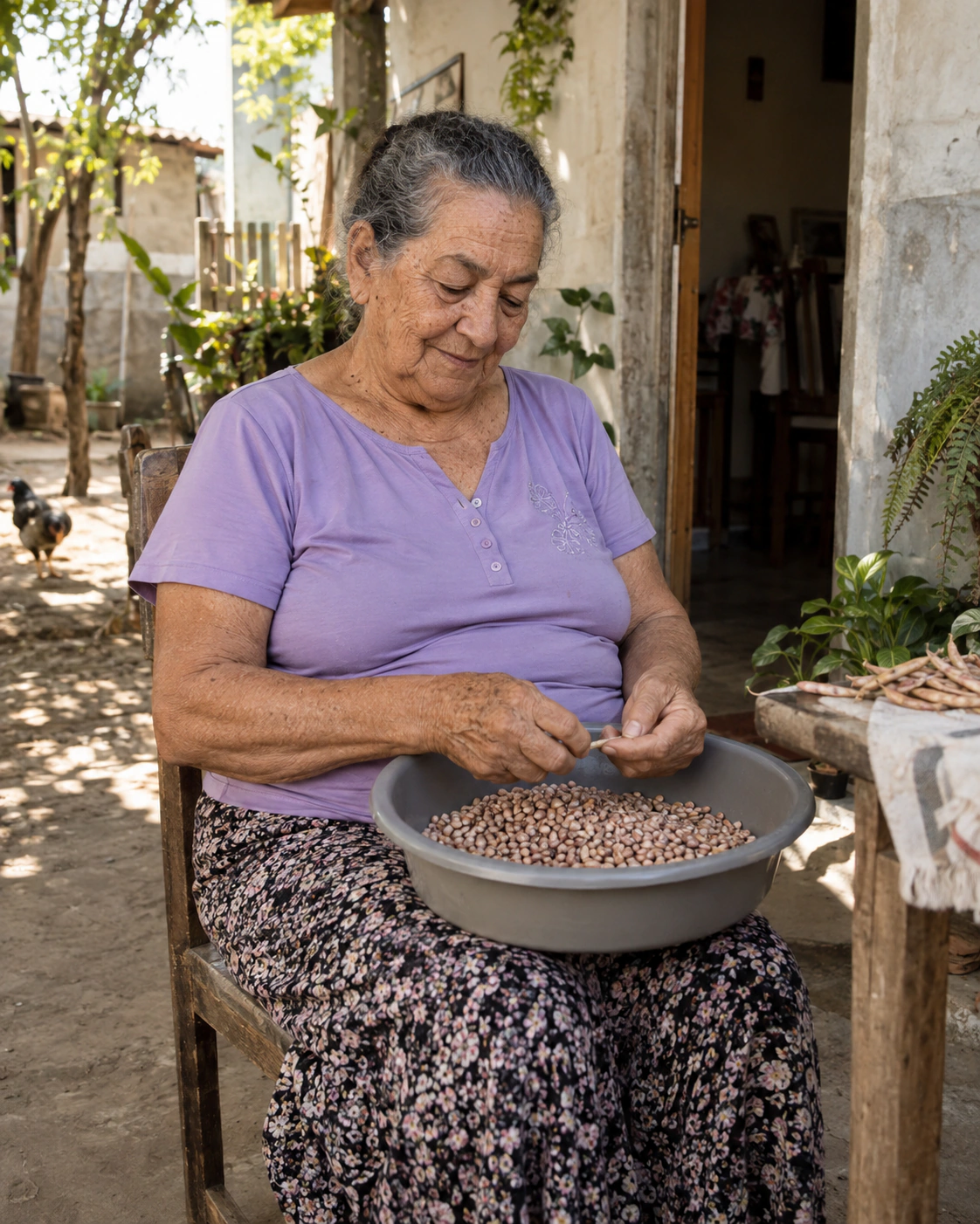 Mulher idosa separando feijão no quintal.