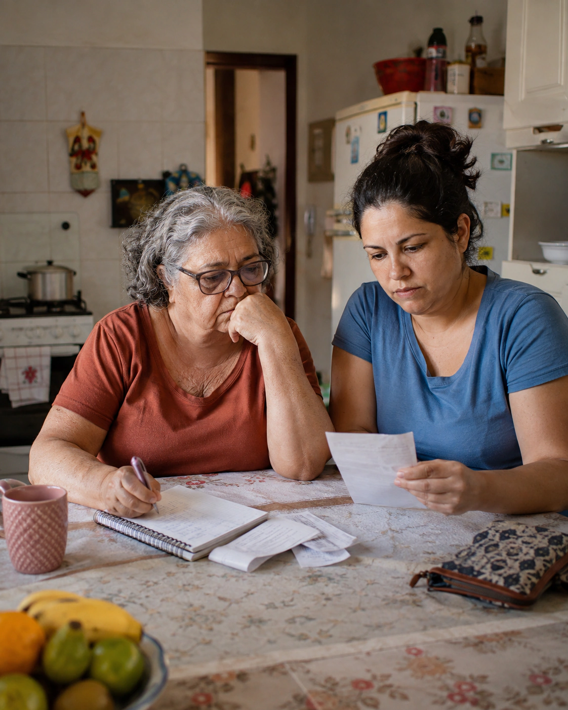 Mulher idosa e familiar conferindo contas à mesa da cozinha.