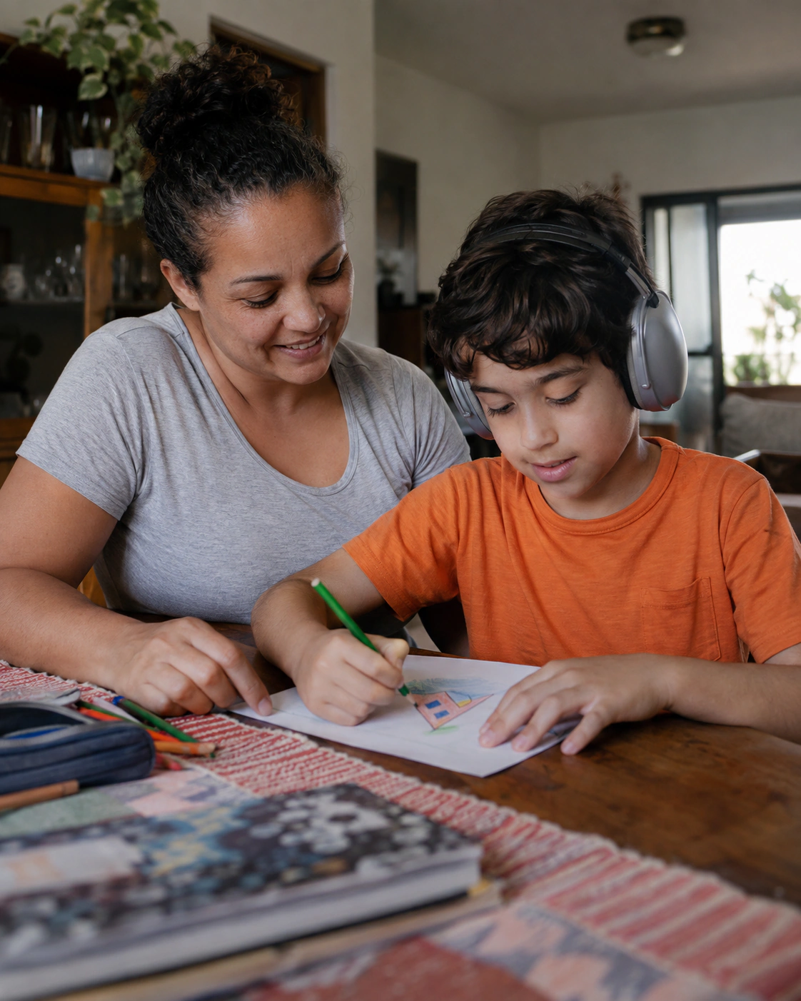 Criança com abafadores de ruído desenhando ao lado da mãe.