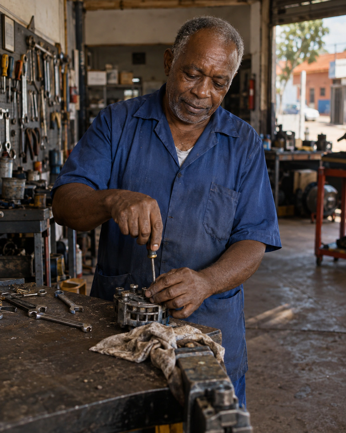 Homem reparando equipamento em uma oficina.