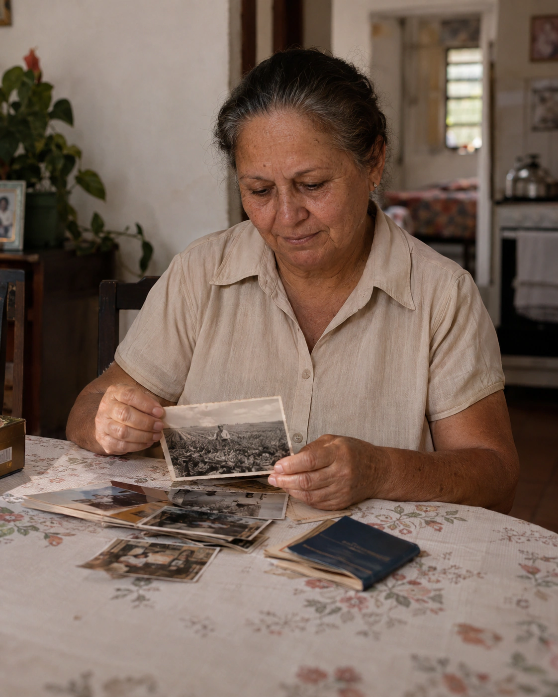 Mulher conferindo fotografias antigas e registros de trabalho.