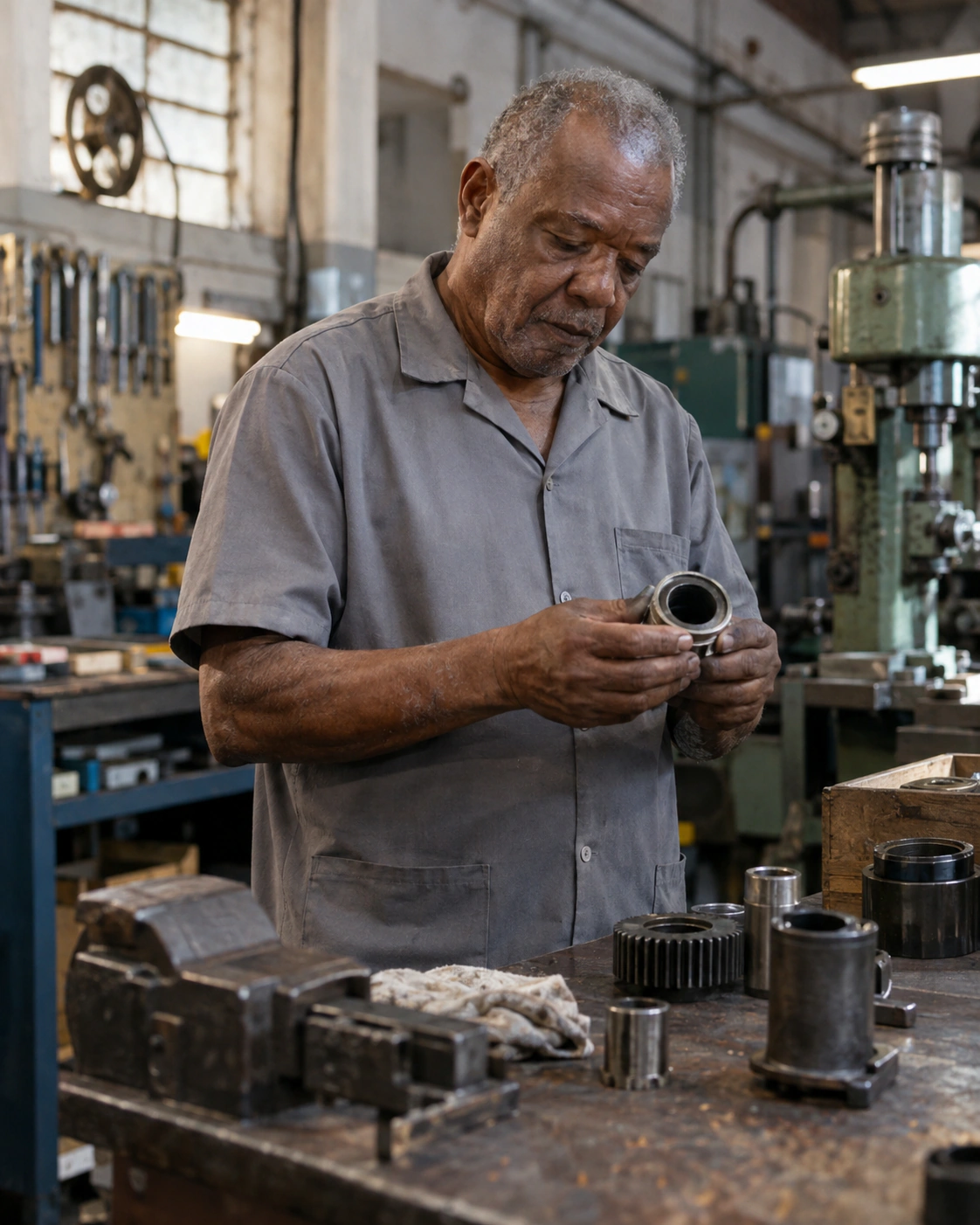 Trabalhador conferindo uma peça em uma oficina industrial.