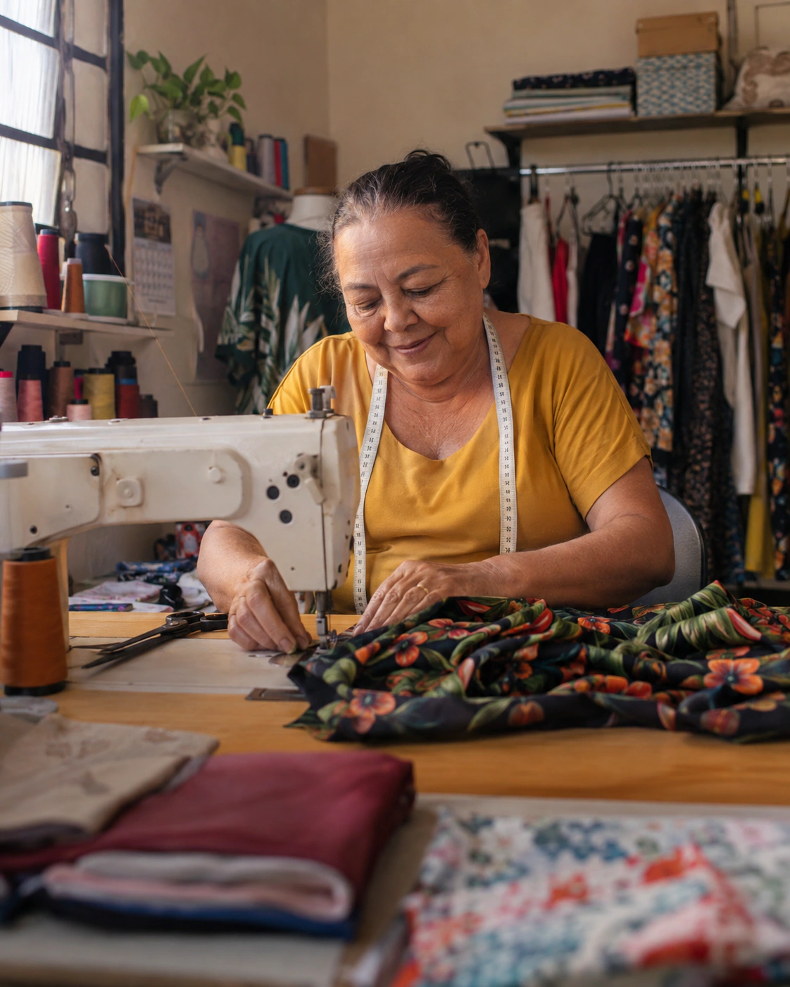 Costureira trabalhando em seu ateliê.