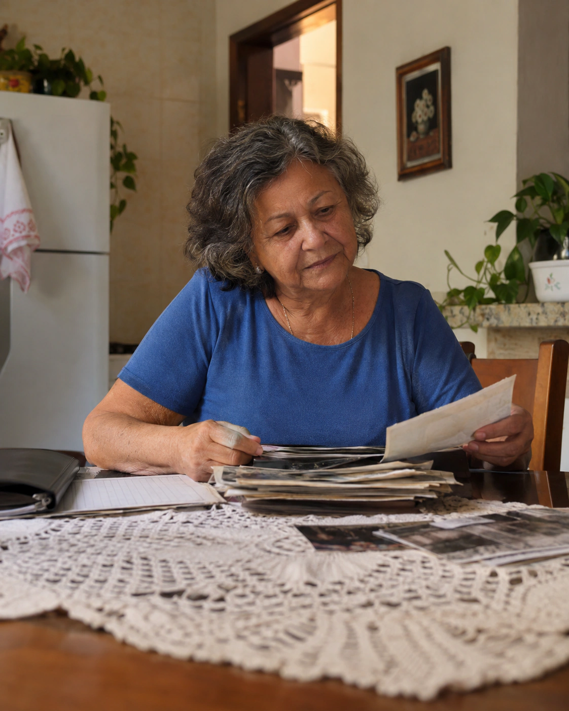 Mulher conferindo fotografias e documentos antigos em casa.