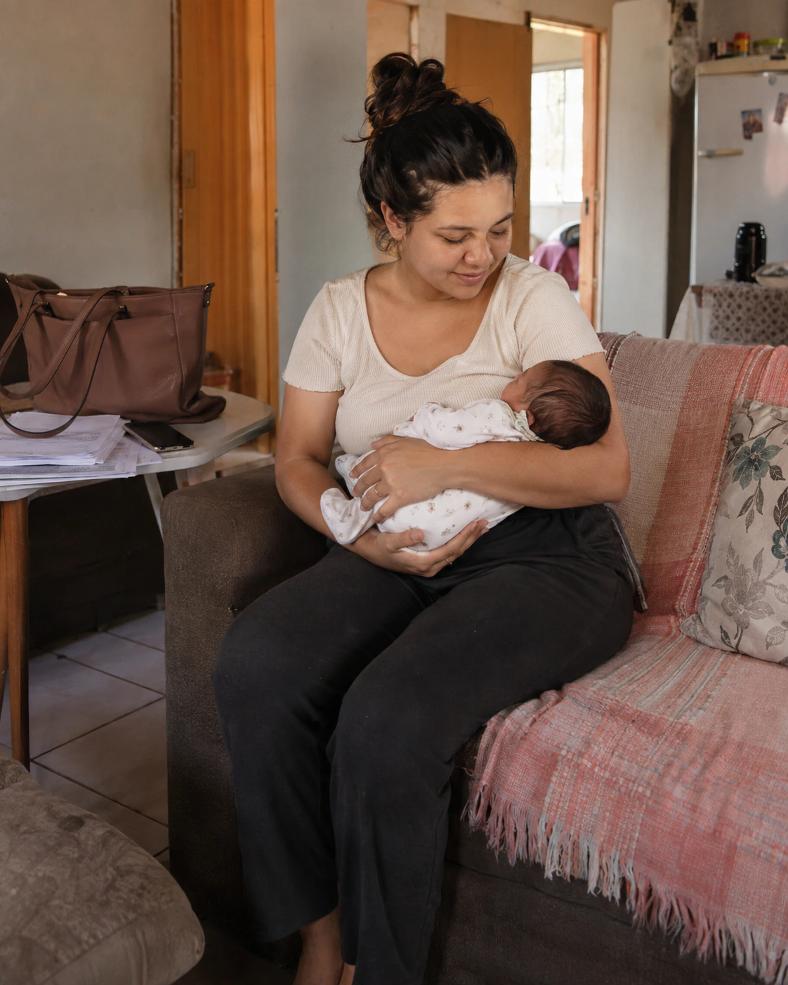Mulher com um recém-nascido no colo, com papéis na mesa ao lado.