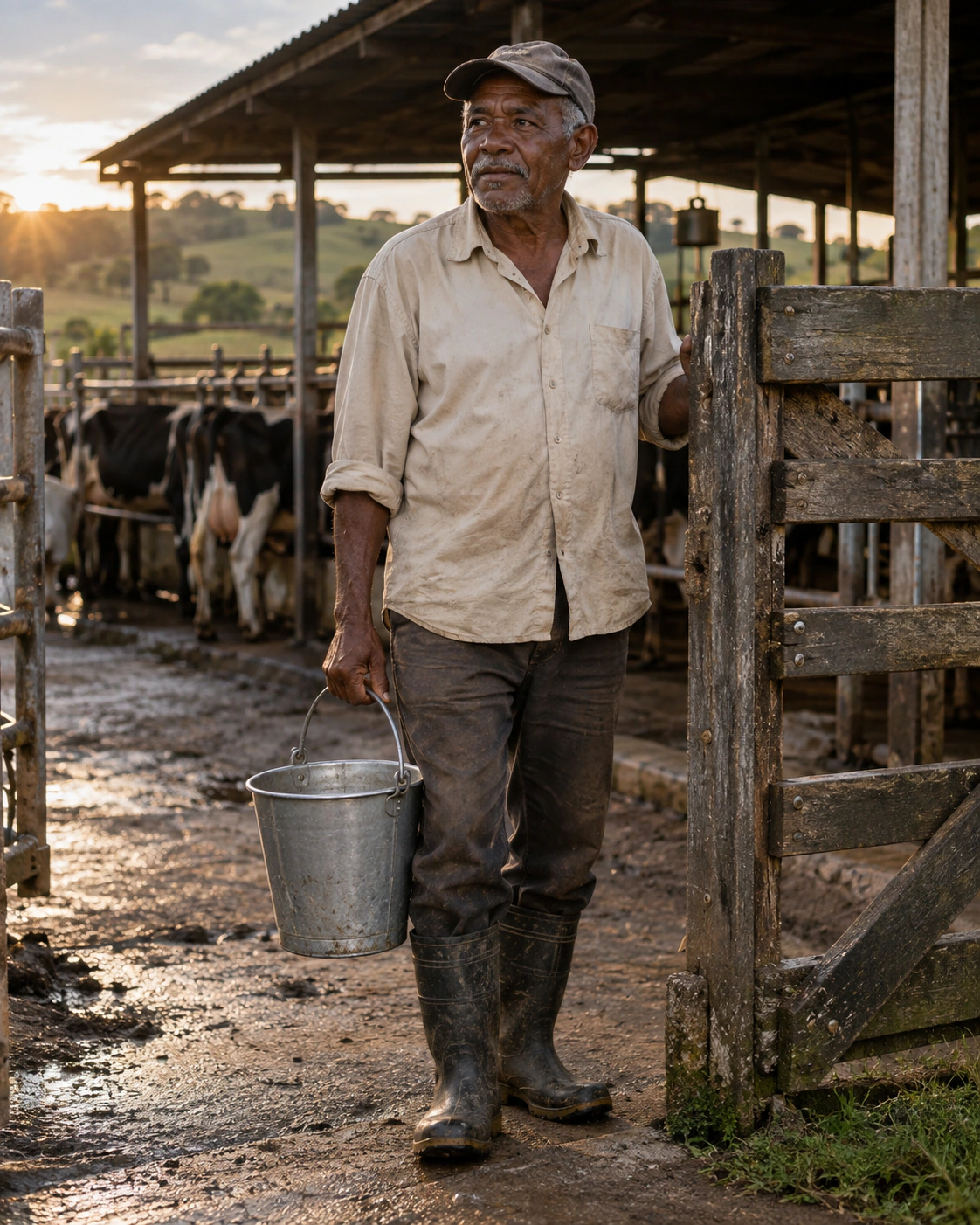 Trabalhador junto ao curral de uma fazenda leiteira.