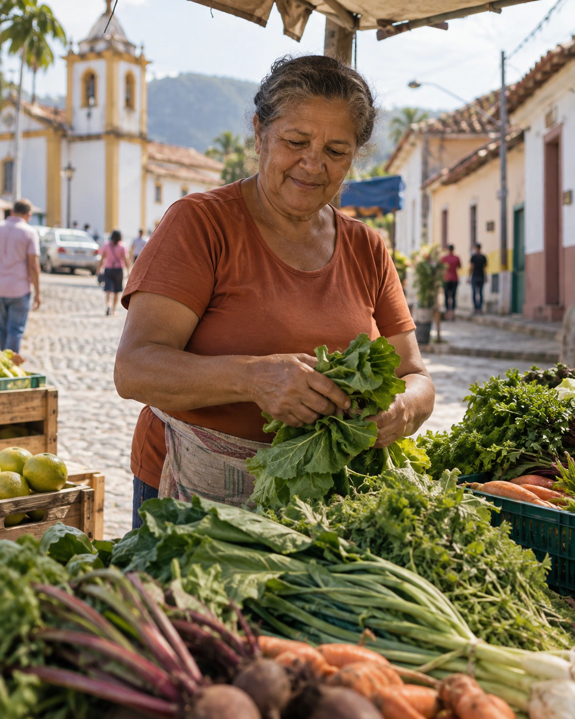 Mulher organizando verduras em uma banca de feira.