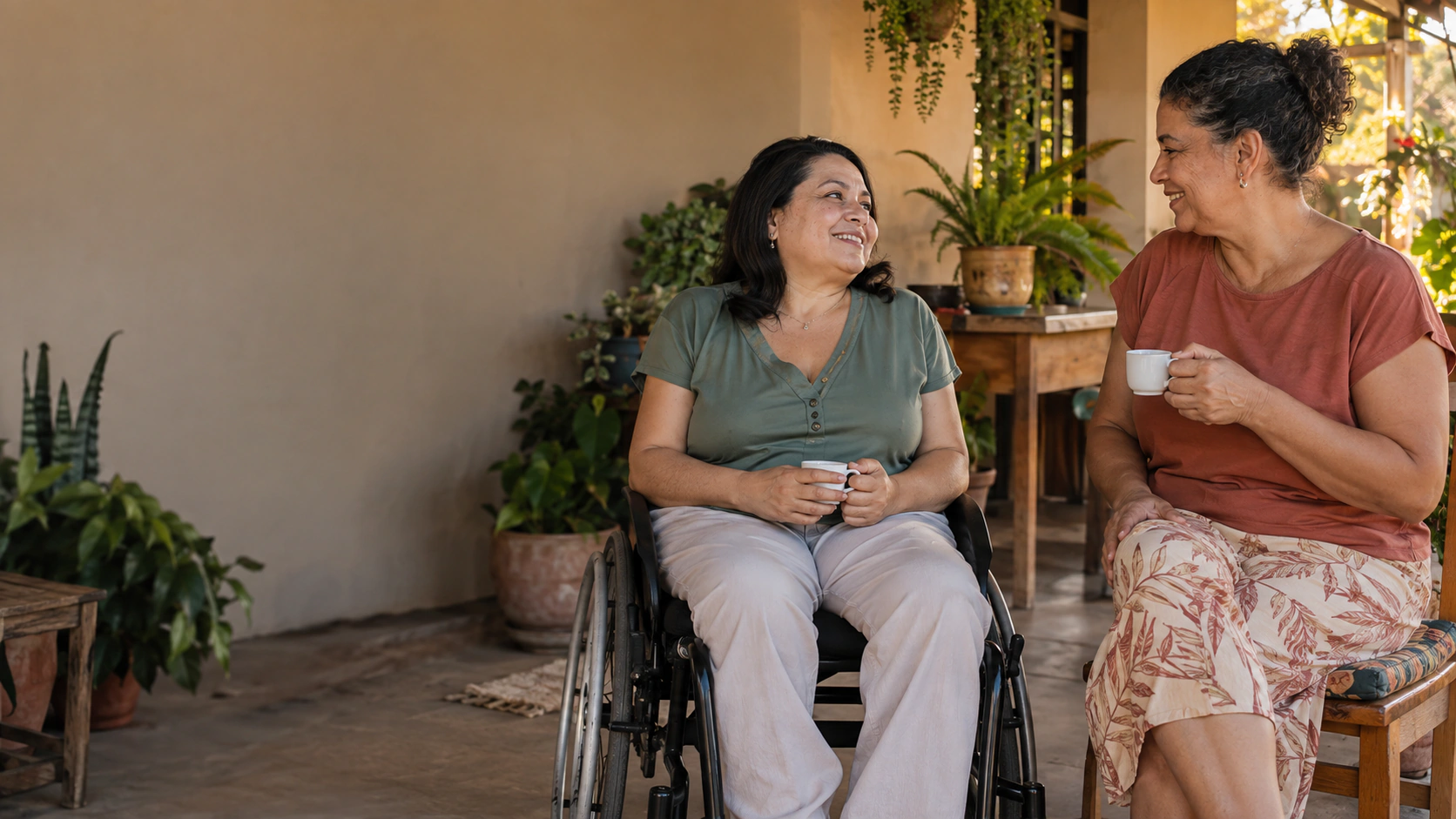 Mulher em cadeira de rodas tomando café e conversando com uma familiar na varanda de casa.