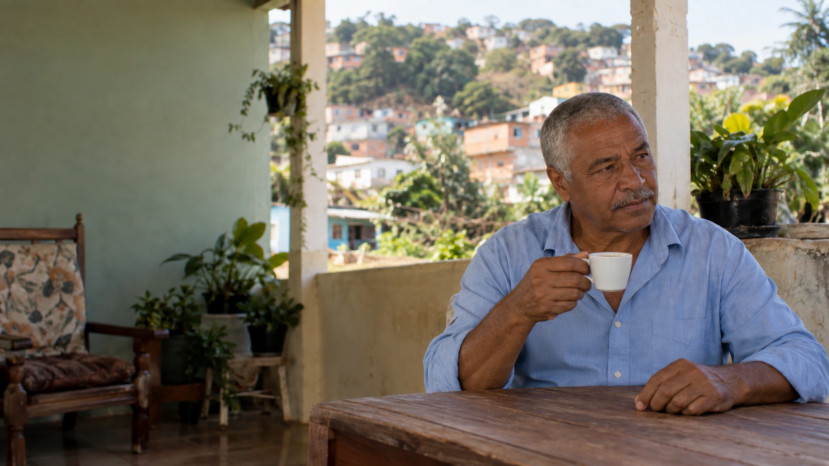 Senhor tomando café na varanda de casa, com a cidade ao fundo.