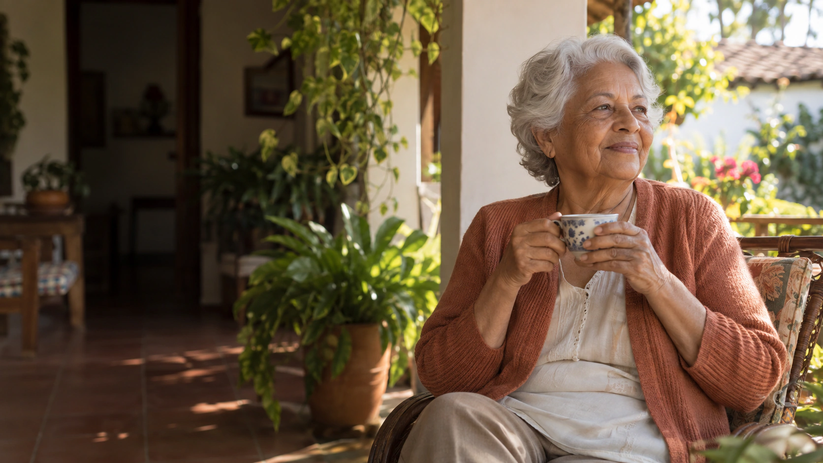 Senhora de aproximadamente 70 anos segurando uma xícara de café na varanda.