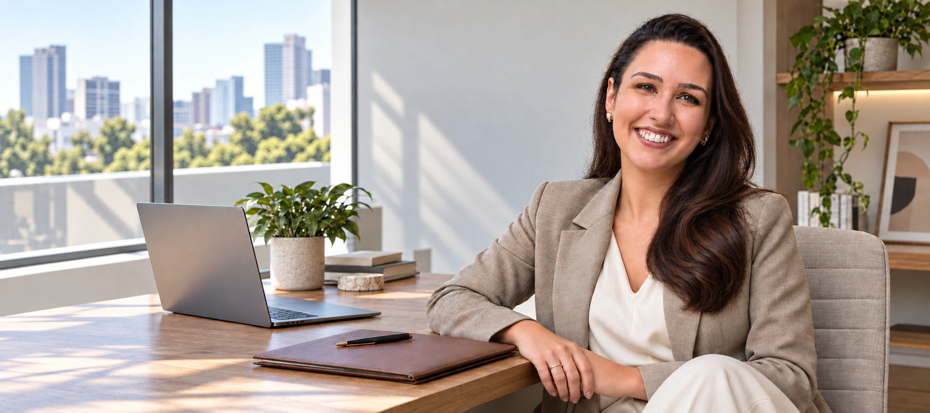Dra. Beatriz Sarmento sentada em seu escritório, sorrindo, com blazer claro e documentos sobre a mesa.