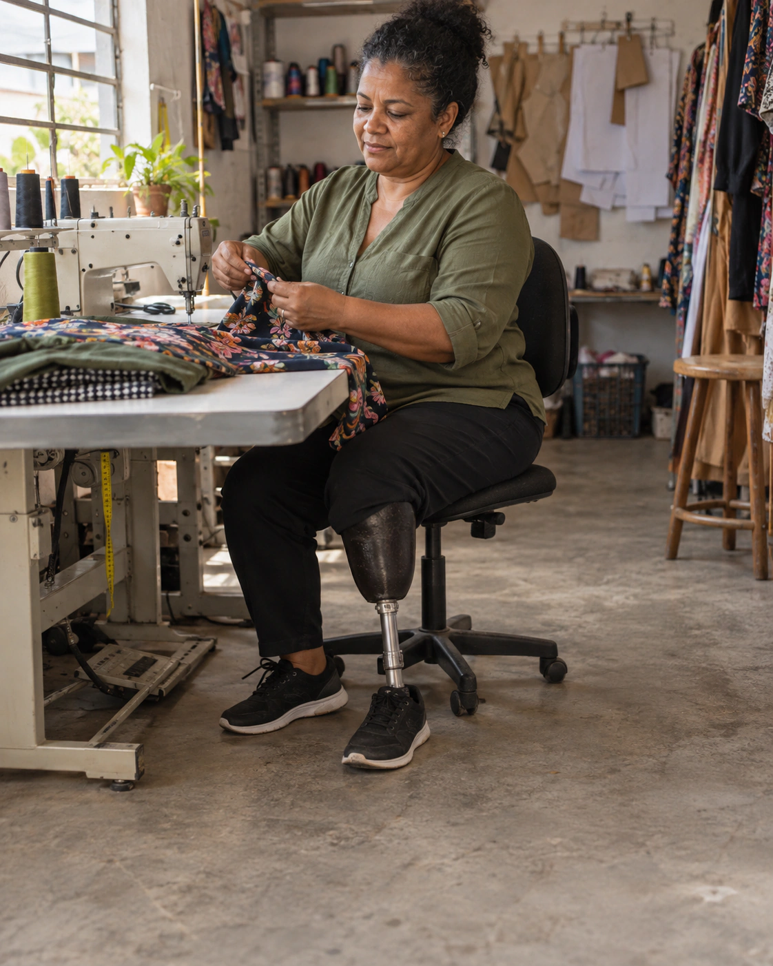 Mulher com prótese em uma das pernas trabalhando com tecidos em um ateliê de costura.