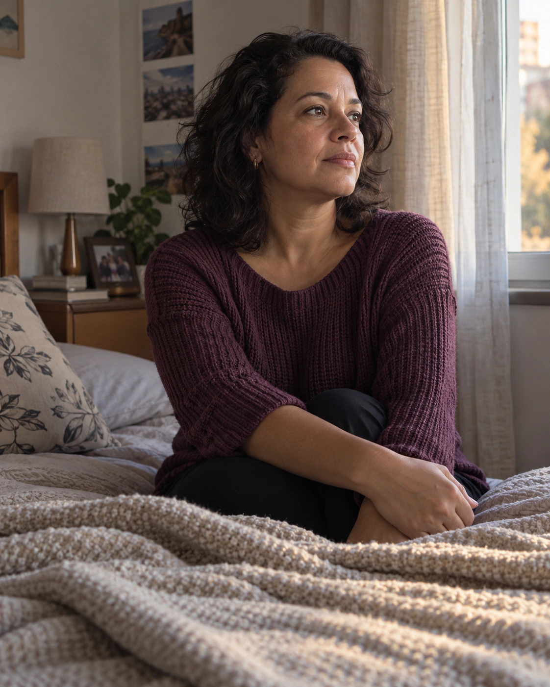 Mulher de blusa roxa sentada em um quarto, em um momento reservado junto à janela.