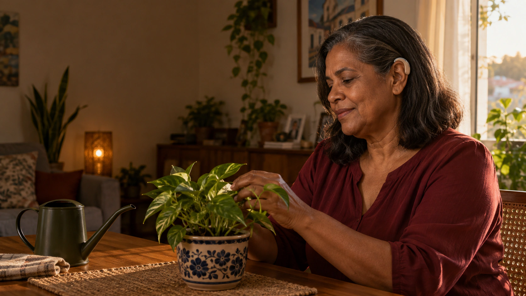 Mulher de aproximadamente 55 anos com aparelho auditivo cuidando de uma planta em casa.