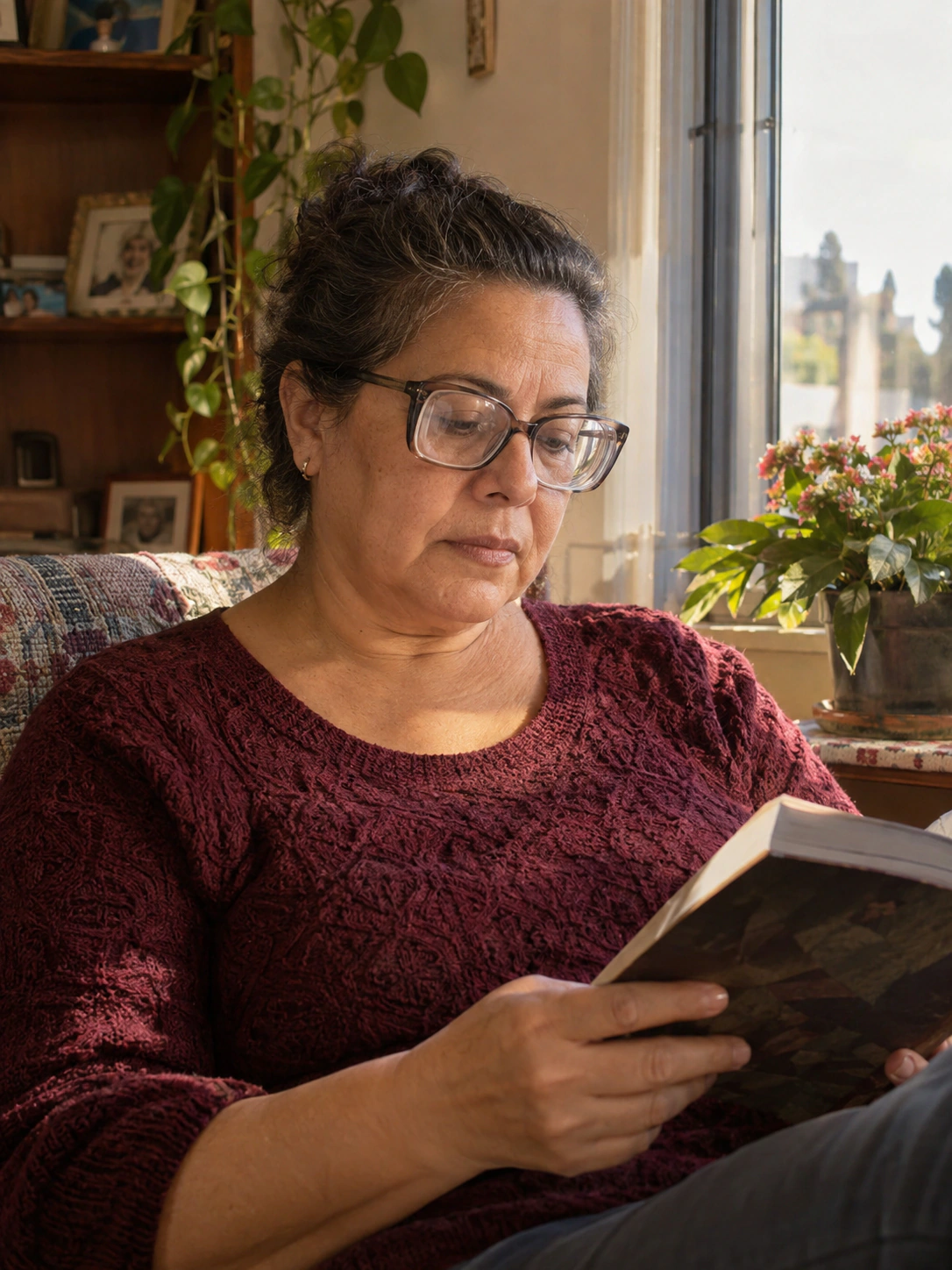 Mulher com óculos de lentes espessas lendo um livro em casa.