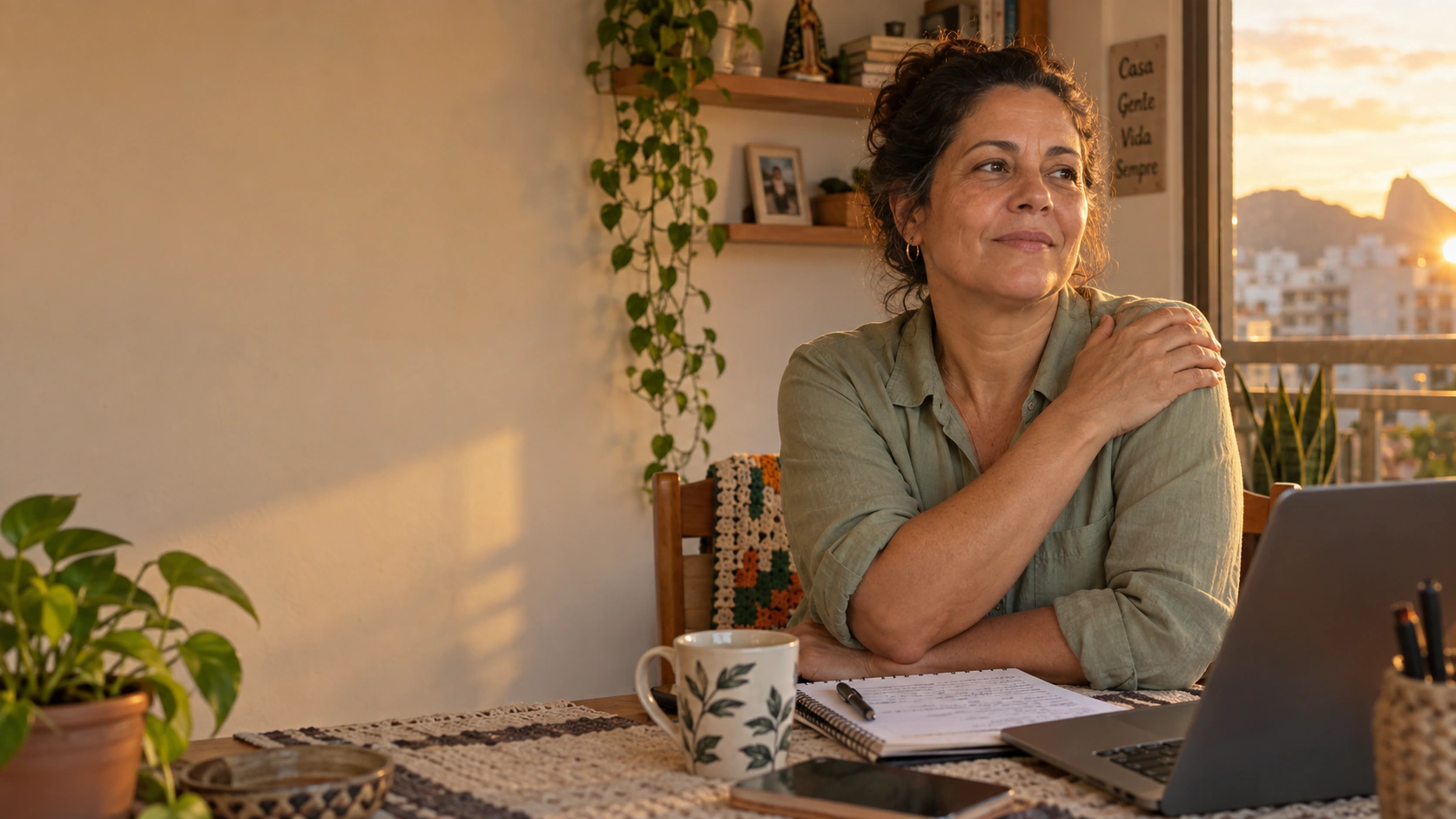 Mulher fazendo uma pausa em seu espaço de trabalho em casa, com a mão apoiada no ombro e luz de fim de tarde.